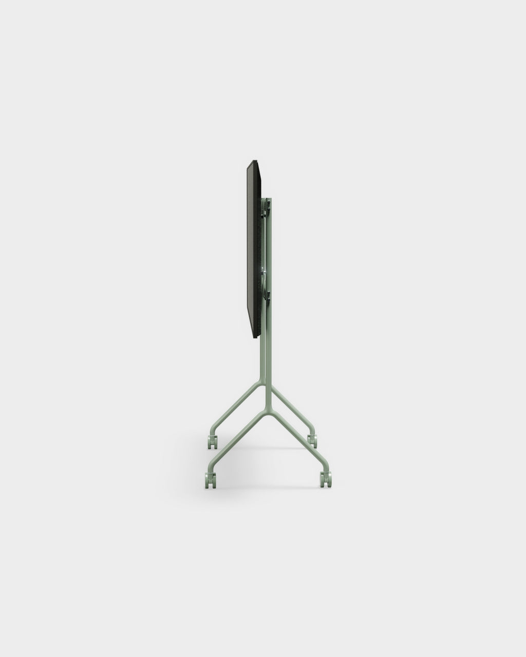 Moon Light TV stand in Mossy Green folded flat, side-on studio view showing slim profile and four caster wheels