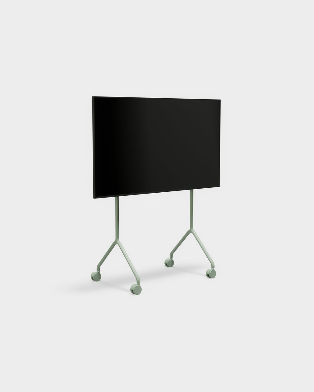 Moon Light TV stand in Mossy Green holding a black flat screen, angled studio view showing forked legs and casters