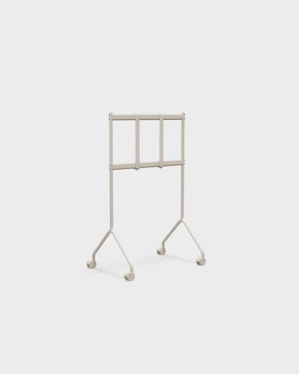 Moon Light TV stand in Oat, studio packshot at an angle showing mounting brackets, forked legs and locking casters