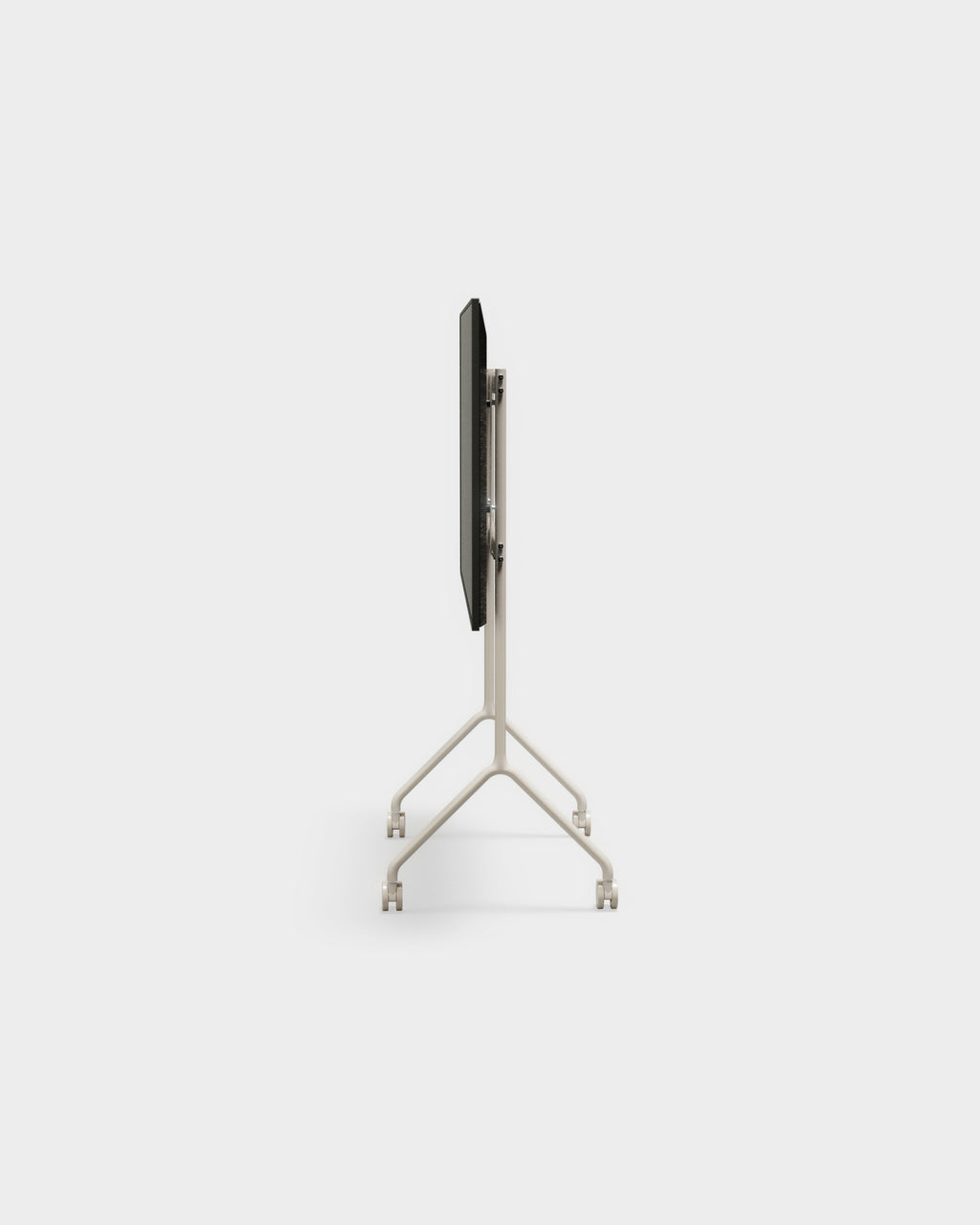 Side profile studio view of the Moon Light TV stand in Oat, showing its slim folded panel, angled legs and casters