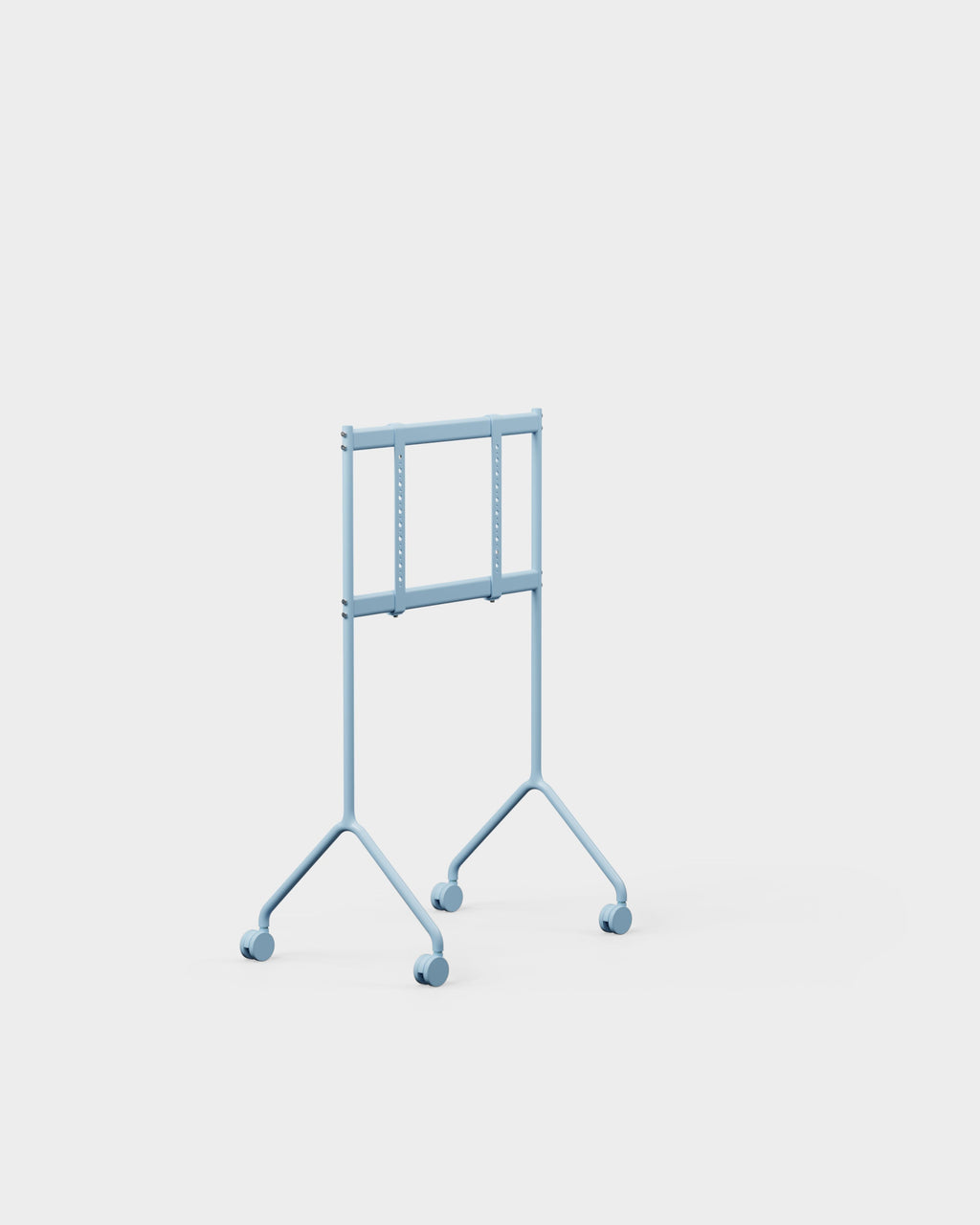 Moon Light TV stand in Powder Blue, angled studio view showing empty VESA mount bracket, tall legs and caster wheels