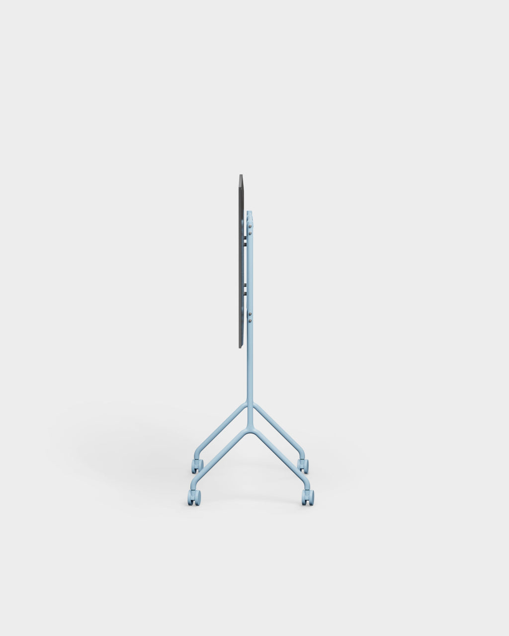 Side profile of the Moon Light TV stand in powder blue, showing its slim mount, A-frame legs and casters on a studio backdrop