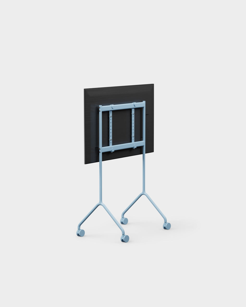Rear three-quarter studio view of Moon Light TV stand in Powder Blue, showing VESA mount bracket, splayed legs and casters