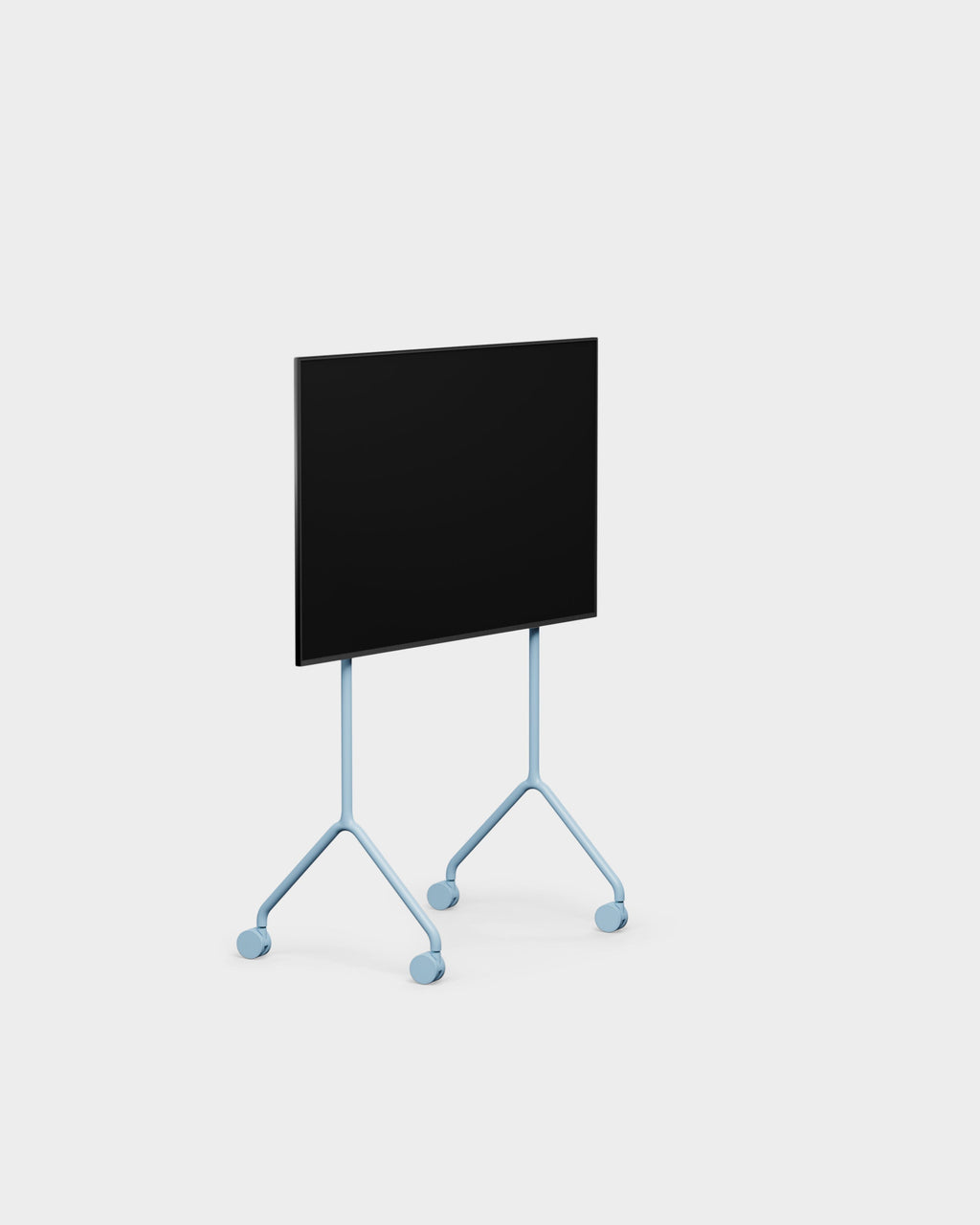 Moon Light TV stand in Powder Blue, angled studio view with mounted black display and splayed legs on casters