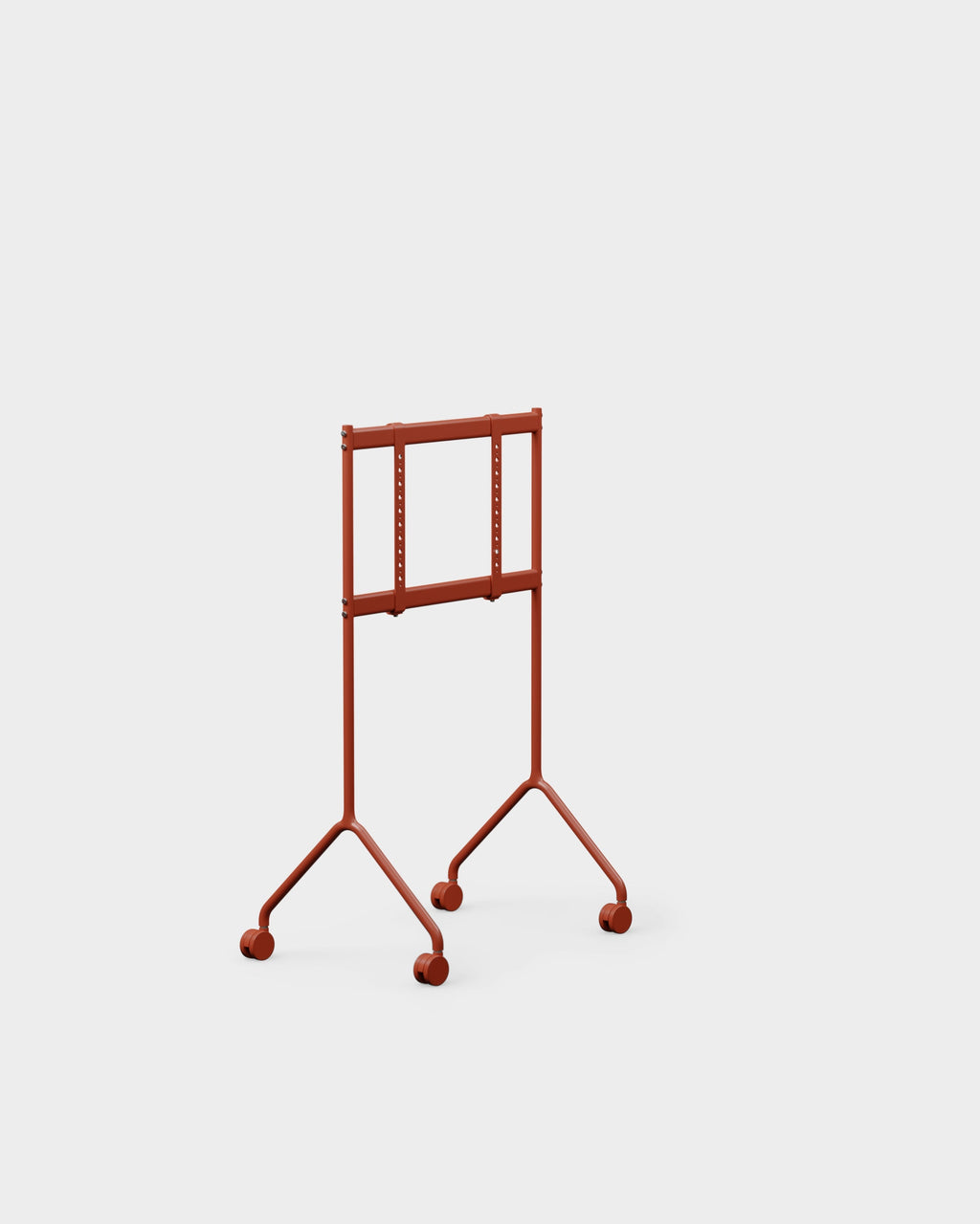 Moon Light TV stand in Burnin' Red at an angle, studio packshot showing tubular frame, VESA bracket and four casters