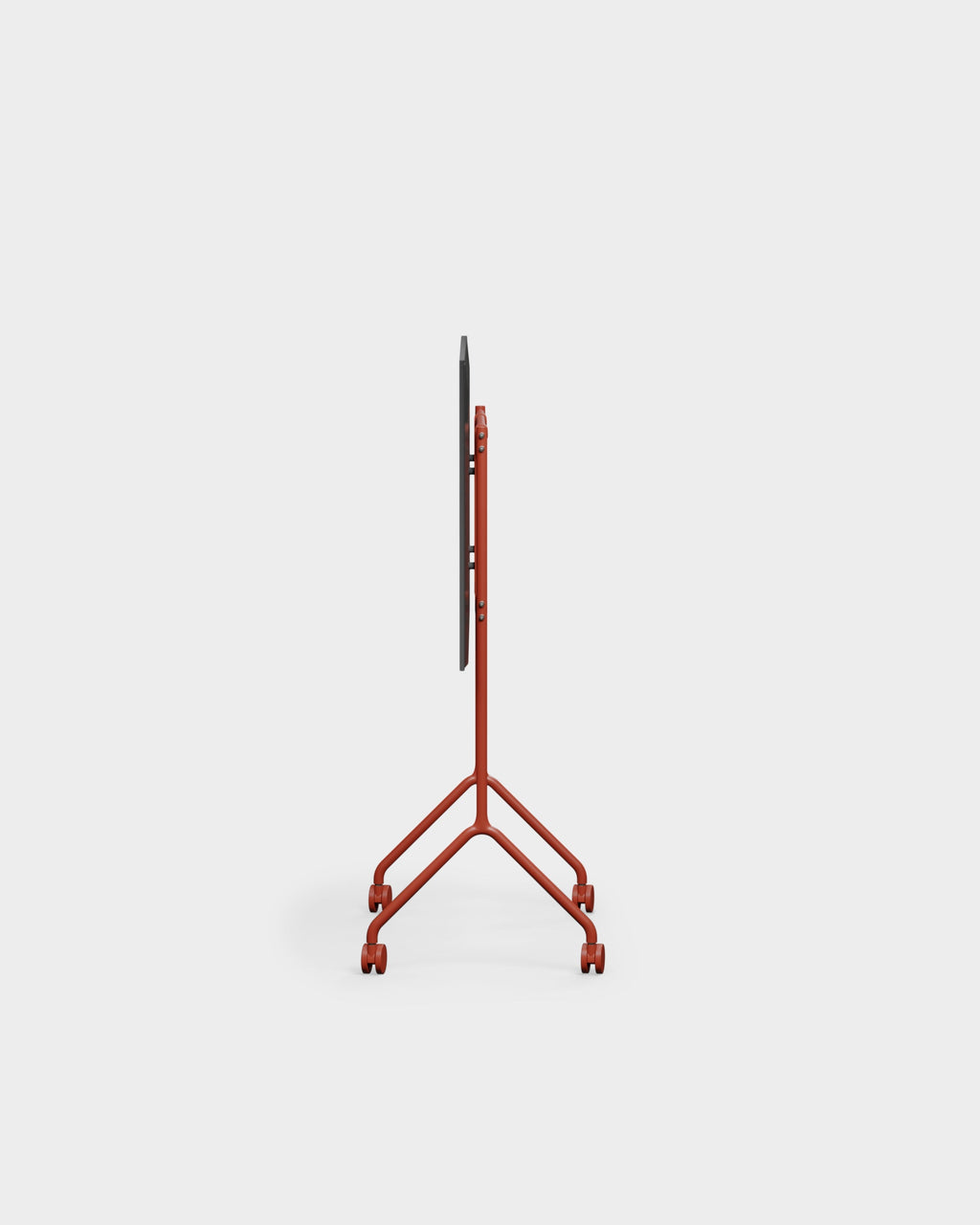 Side profile studio view of Moon Light TV stand in Burnin' Red, showing slim mount panel, tall pole and four casters