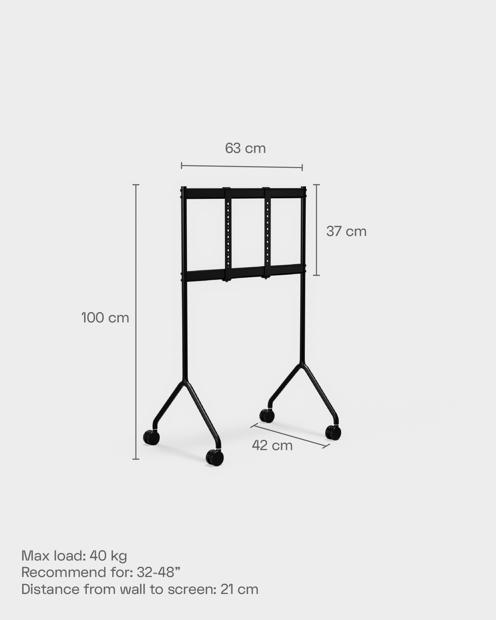 Moon Light TV stand in Burnin' Red shown as a dimensioned diagram — 100 cm tall, 63 cm wide, with caster wheels
