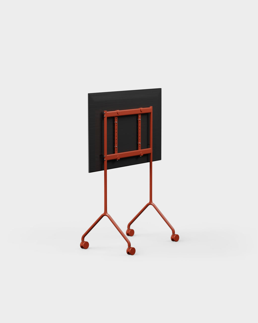 Rear three-quarter view of the Moon Light TV stand in Burnin' Red, showing mount bracket and castors in a studio setting