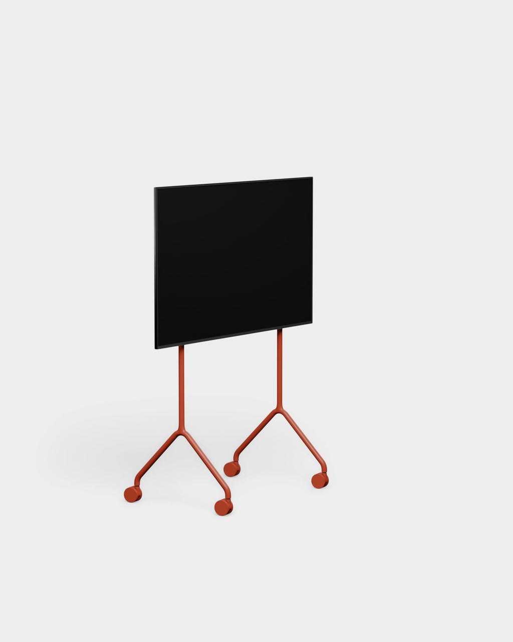 Moon Light TV stand in Burnin' Red shown at an angle in a studio, with mounted screen, V-shaped legs and casters
