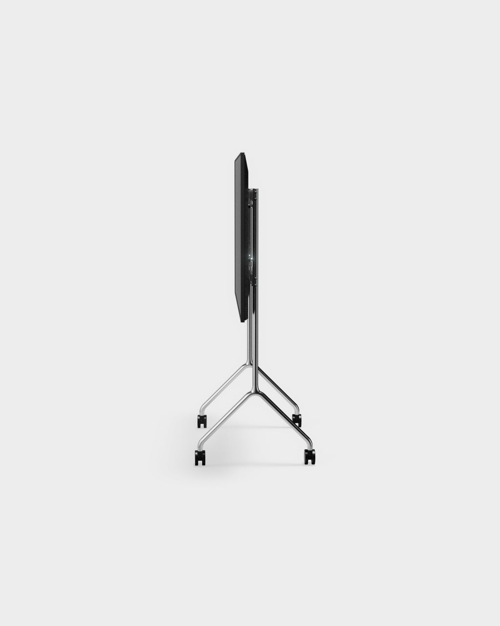 Moon Light in Chrome shown folded flat in studio profile view, chrome legs on four black casters