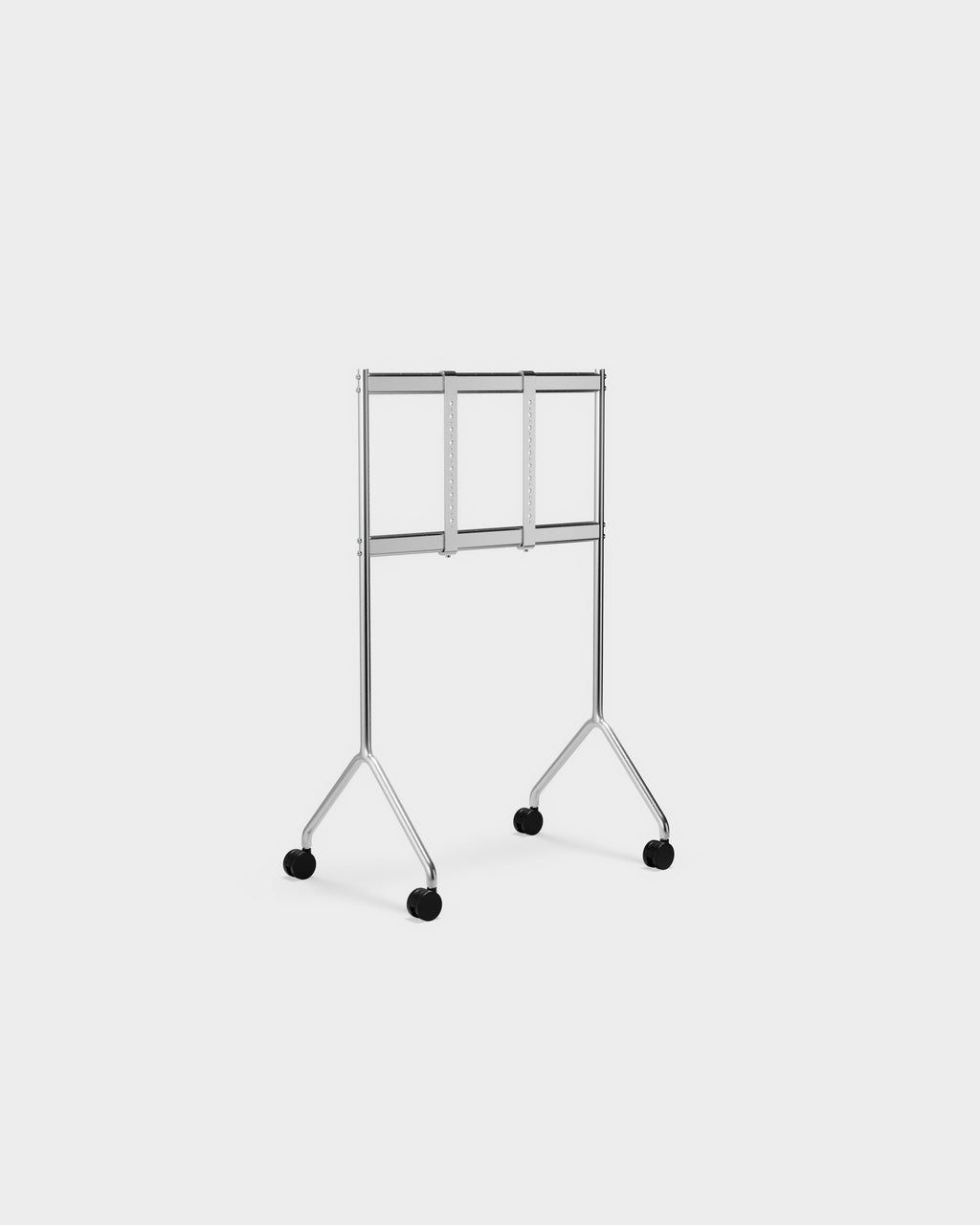 Moon Light TV stand in chrome shown at a three-quarter angle in studio, bare mounting brackets and black caster wheels