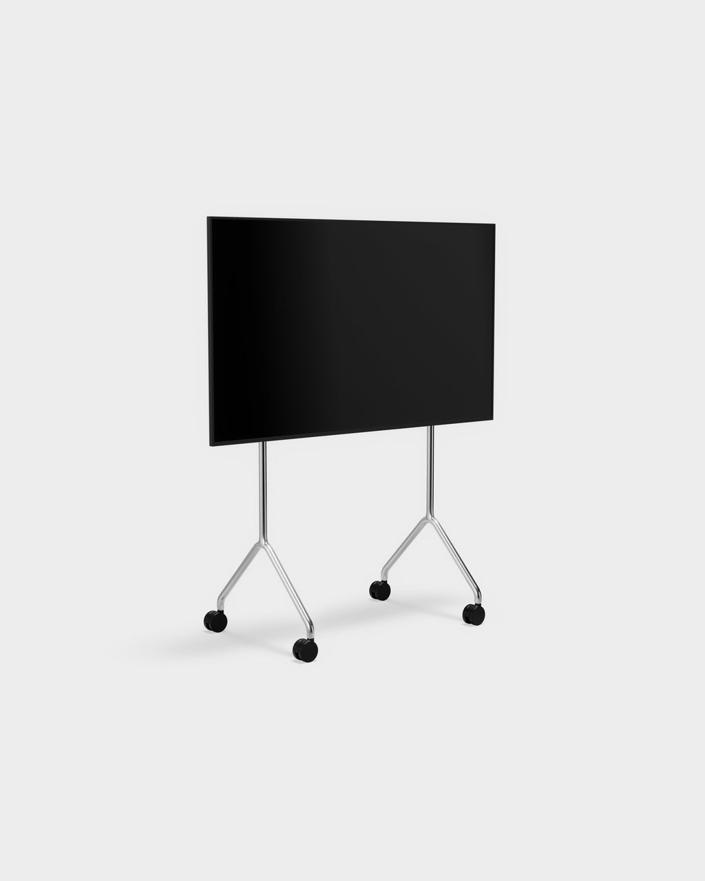Moon Light TV stand in chrome, angled studio view with mounted flat screen on Y-shaped legs with black casters