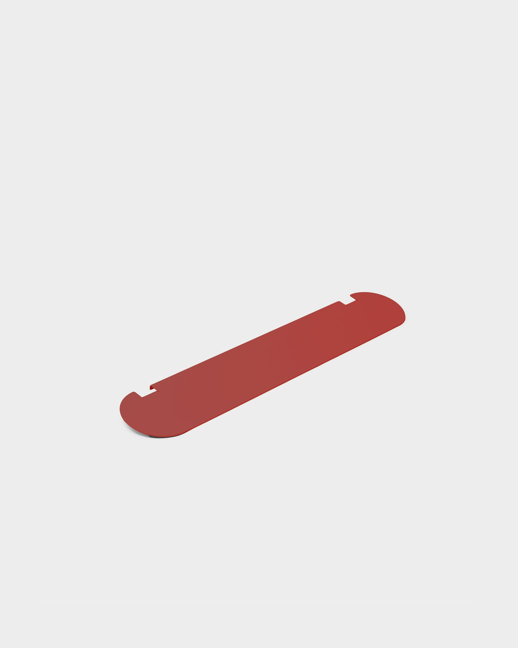 Moon Light Shelf in Burnin' Red shown at an angle in a studio packshot, rounded metal shelf with notched edges