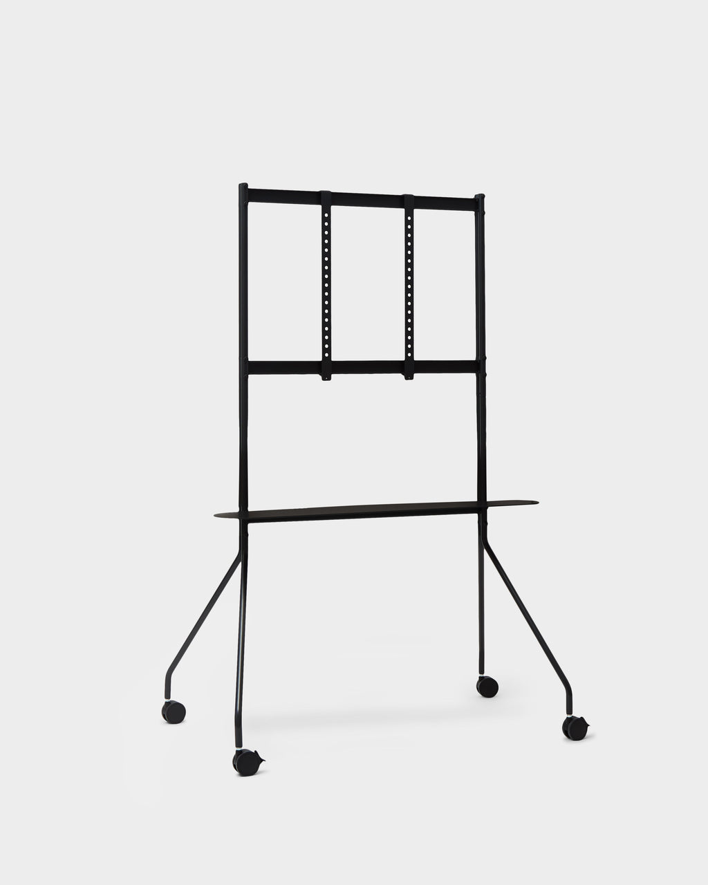 Moon PRO TV stand in Charcoal at a three-quarter angle, studio packshot showing VESA mount bars, shelf and casters