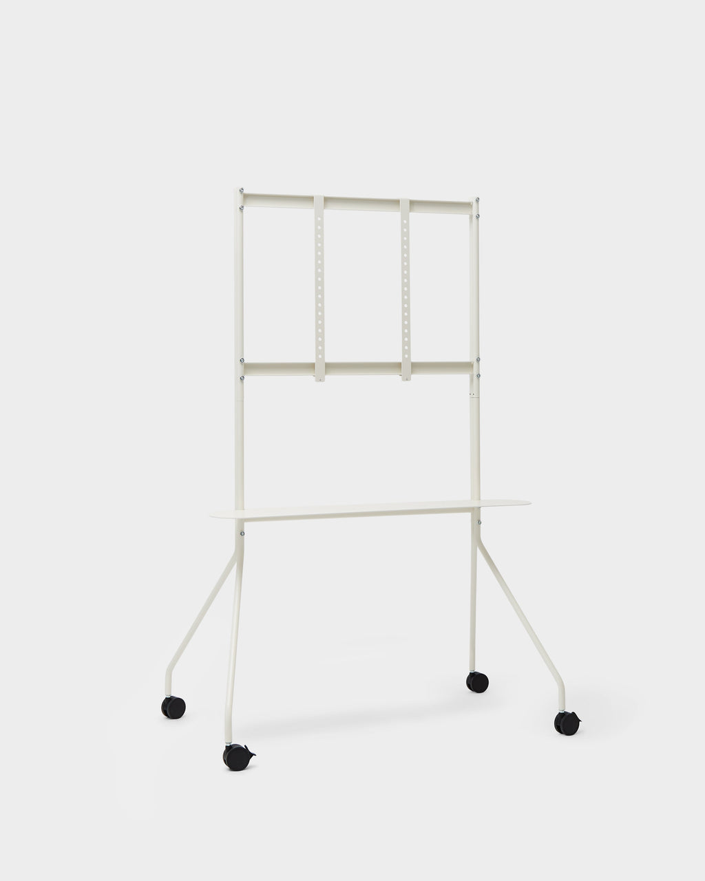 Moon PRO TV stand in Pearl shown at an angle in a studio, featuring shelf, adjustable mount bars and black casters