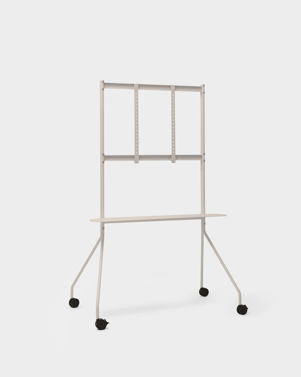 Moon PRO TV stand in Oat shown at an angle in a studio packshot, with shelf, adjustable mount bars and locking casters