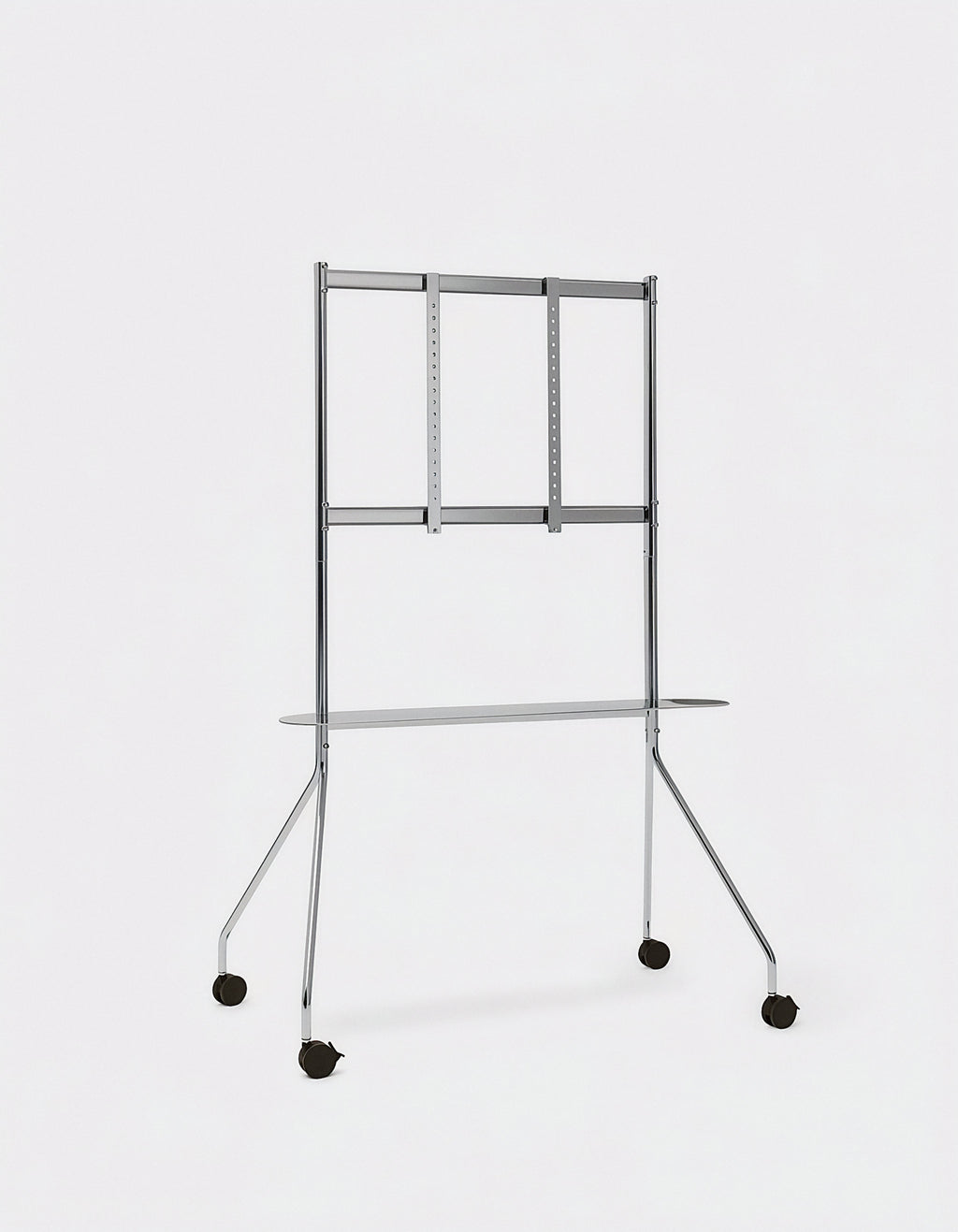 Moon PRO TV stand in Chrome, angled studio view showing adjustable mounting bars, oval shelf and black locking casters