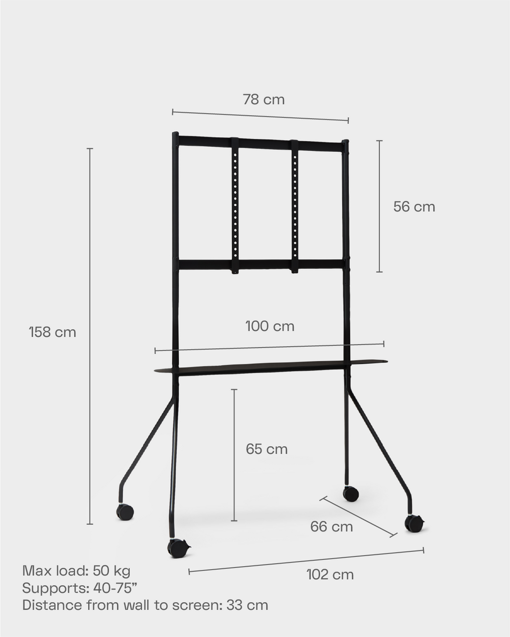 Moon PRO TV stand in Chrome, dimension diagram showing 158 cm height, 102 cm base, shelf and lockable caster wheels