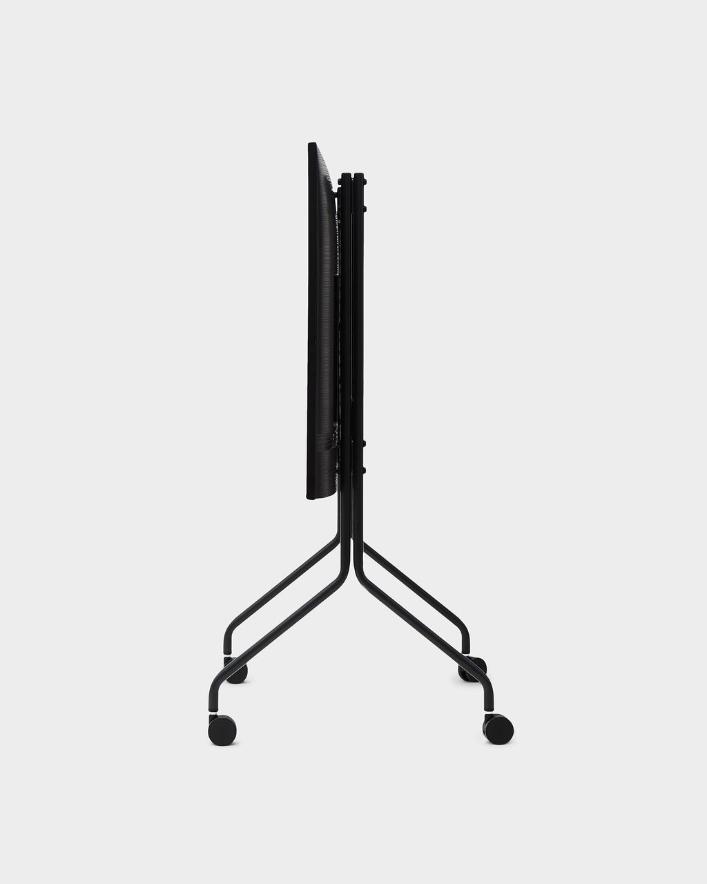 Charcoal Moon stand with wheels folded flat, side profile studio packshot showing slim frame and casters
