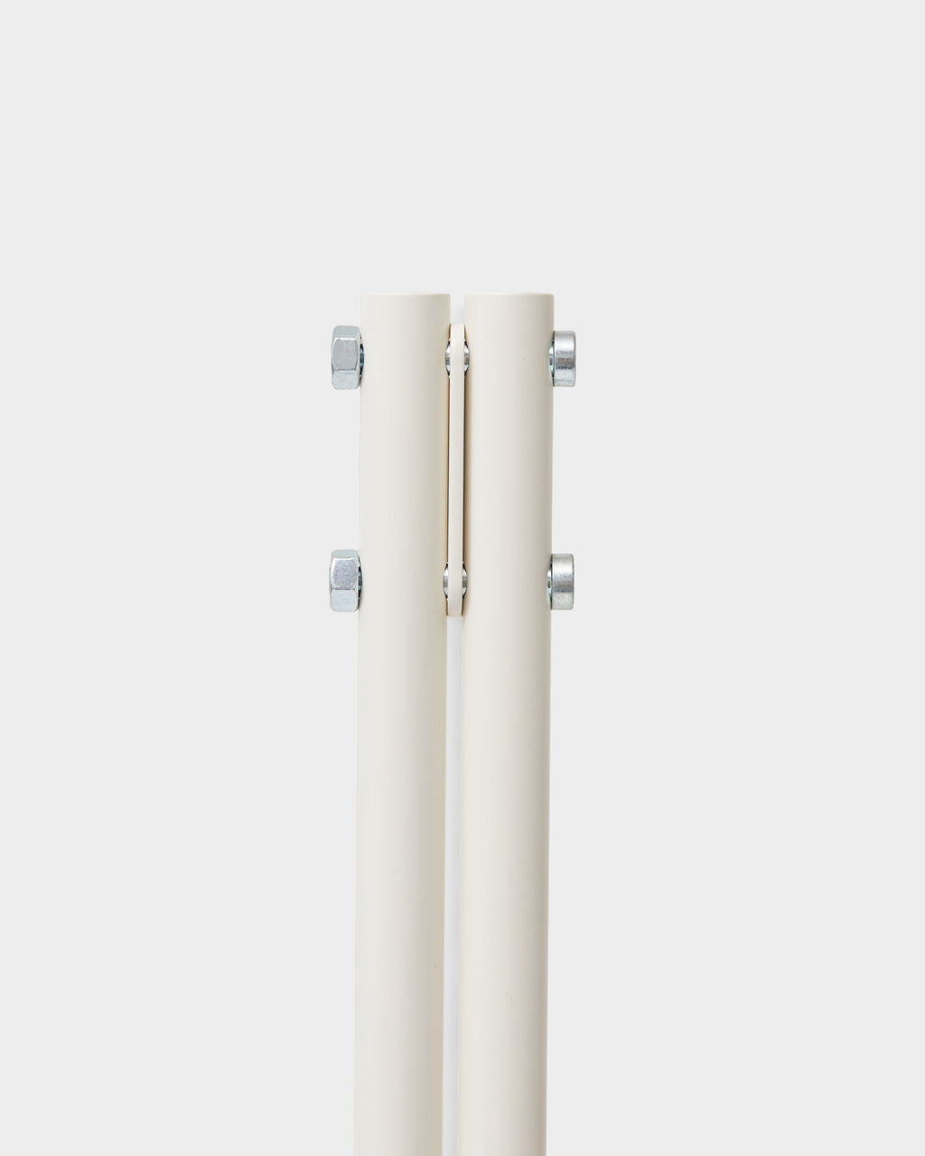 Close-up of Moon in Pearl stand's twin uprights joined by zinc bolts and nuts, studio packshot detail