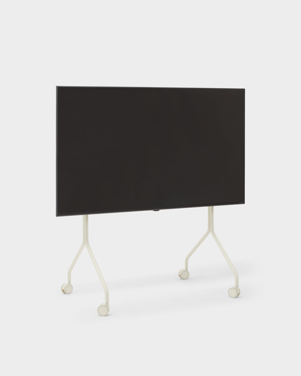 Moon in Pearl rolling TV stand holding a large flat-screen display, angled studio packshot showing splayed legs and casters