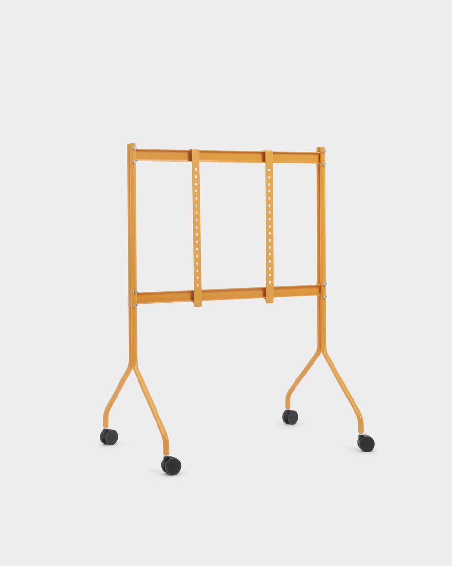 Moon TV stand in Apricot on a studio white background, front view showing adjustable mount brackets and caster wheels