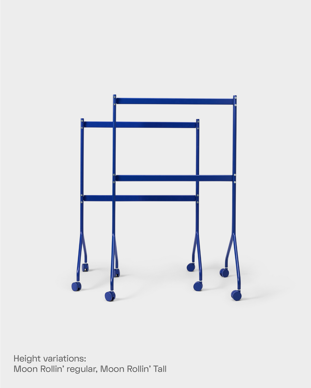 Two blue Moon Rollin' stands with wheels nested in a studio packshot showing regular and tall height variations