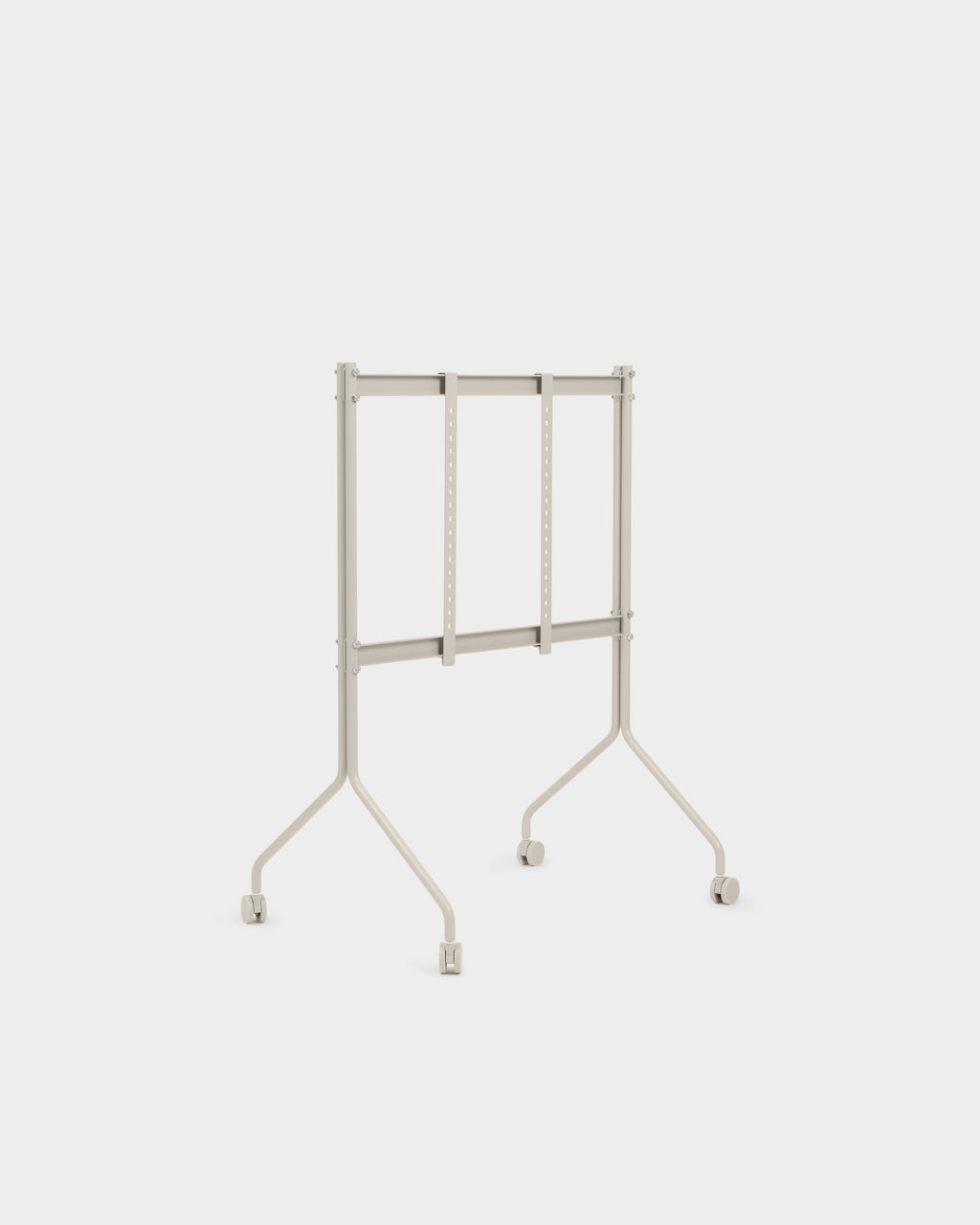 Moon TV stand with wheels in Oat, angled studio view of the empty steel frame with adjustable mounting brackets