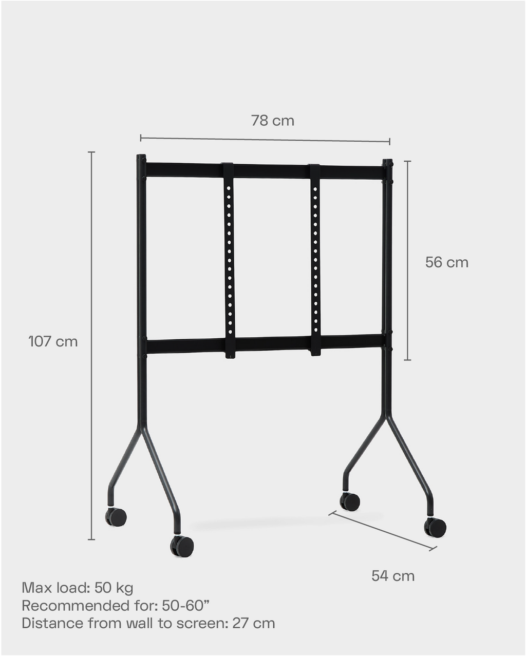 Dimension diagram of the Moon in Chrome rolling TV stand, showing 78 cm width, 107 cm height, 54 cm depth and load specs