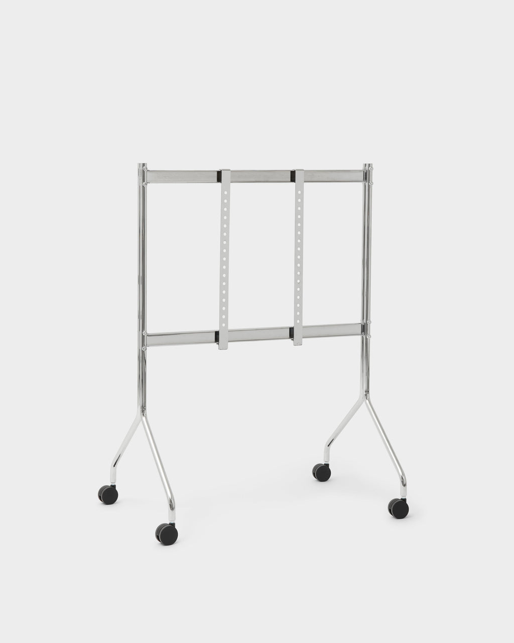 Moon chrome TV stand with wheels, studio packshot from the rear showing adjustable mounting brackets and splayed legs