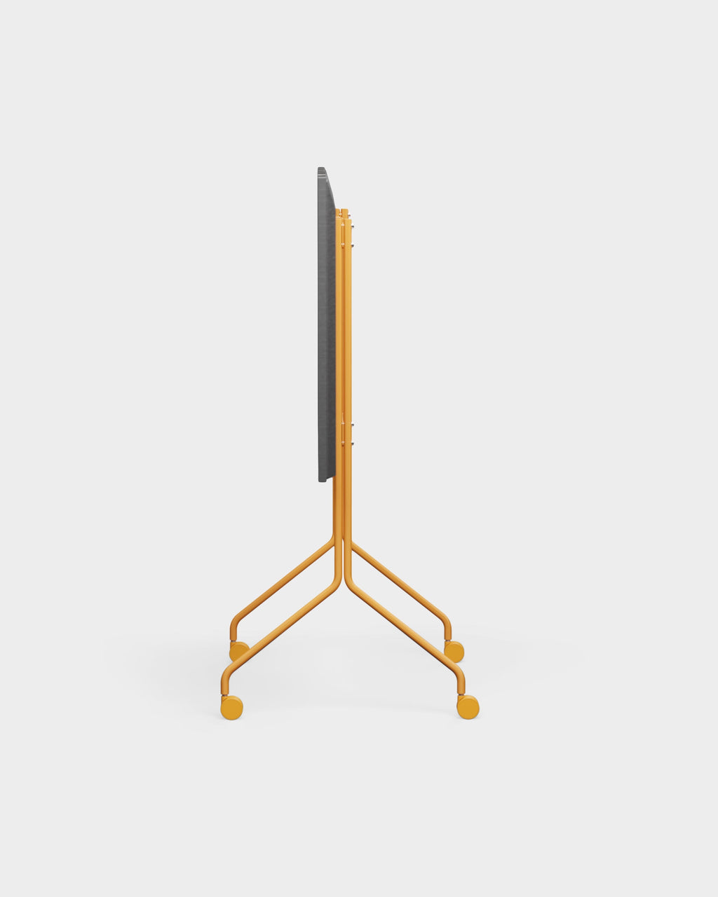 Side profile of the Moon Tall stand in Apricot, folded flat in a studio setting, showing its slim frame and four wheels