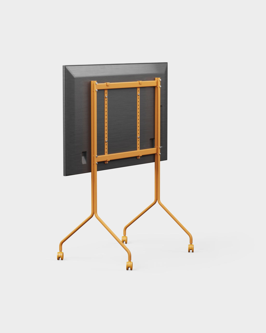 Rear three-quarter view of Moon Tall stand in Apricot with mounted display, VESA brackets and wheels, studio packshot