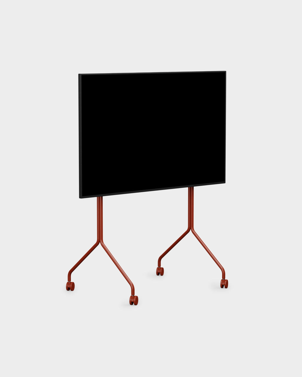 Moon Tall stand in Burnin' Red holding a large flat-screen TV, angled studio packshot showing splayed legs and wheels