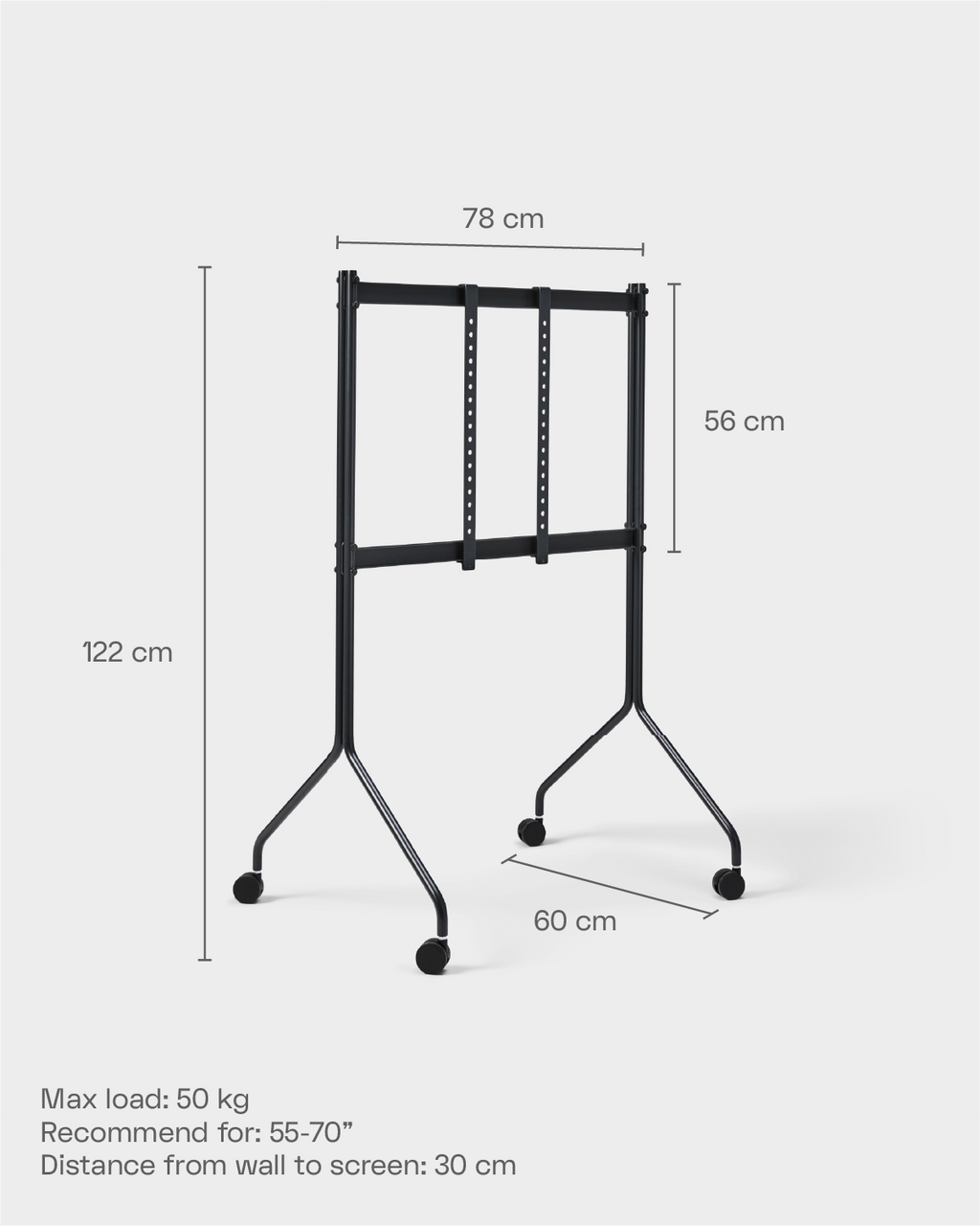 Moon Tall stand in Chrome, dimension diagram showing 122 cm height, 78 cm width, 60 cm base depth and wheels