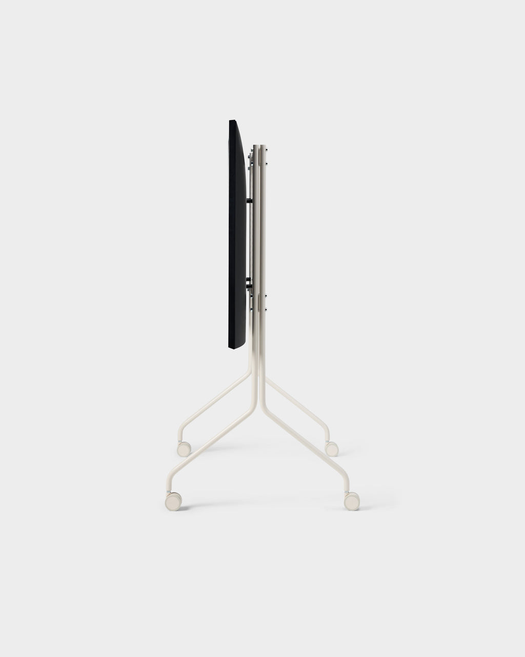 Moon Tall stand in Pearl folded flat, side profile studio packshot showing slim frame, hinge hardware and four wheels