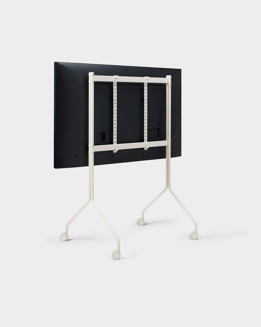 Rear three-quarter studio view of the Moon Tall stand in Pearl with mounted display, showing mount brackets and wheels