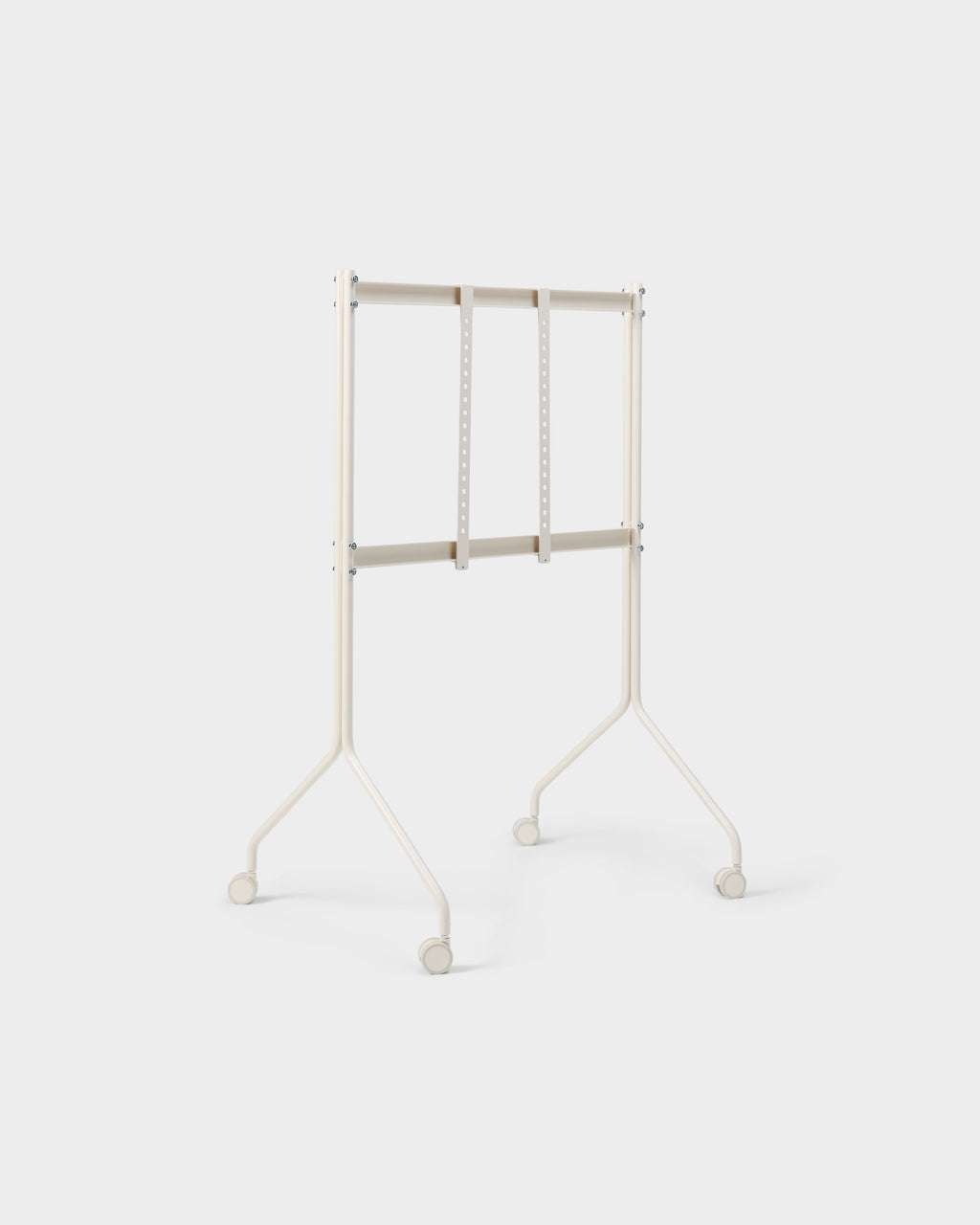 Moon Tall rolling TV stand in Pearl viewed from behind at an angle, showing mounting brackets and caster wheels