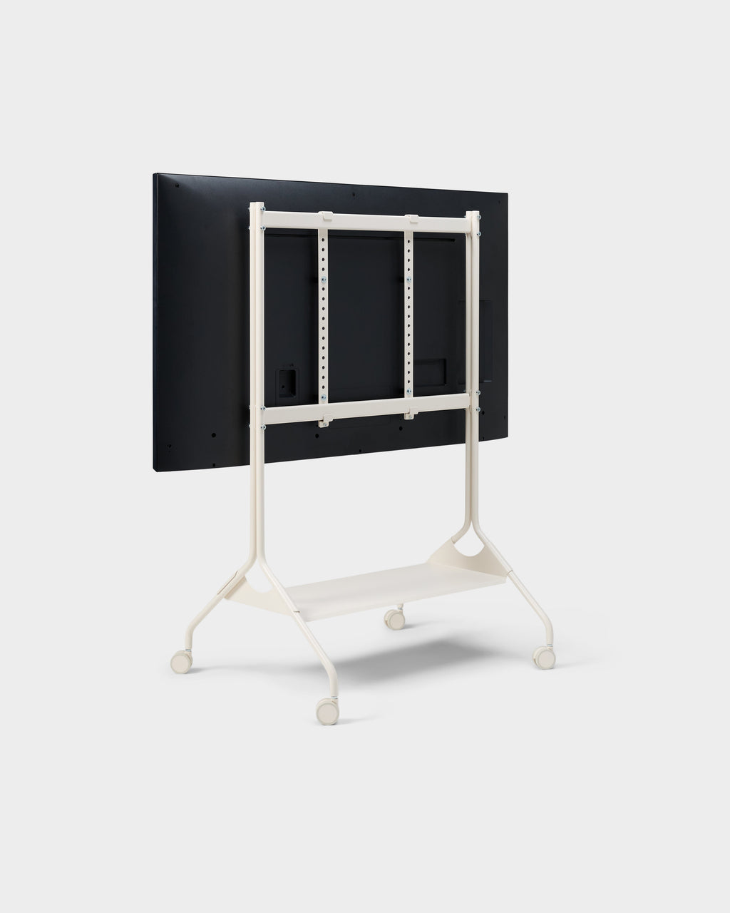 Rear three-quarter studio view of the Moon Tall stand in Pearl with mounted display, lower shelf and caster wheels