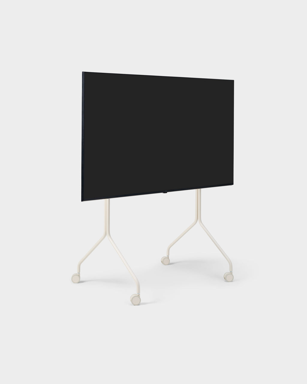 Moon Tall TV stand in Pearl on wheels, angled studio view with mounted flat-screen TV