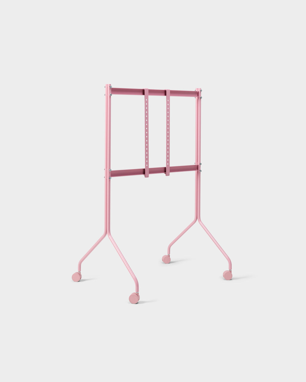Moon Tall TV stand in Bubble Gum pink, angled studio rear view showing adjustable mount brackets and rolling caster wheels