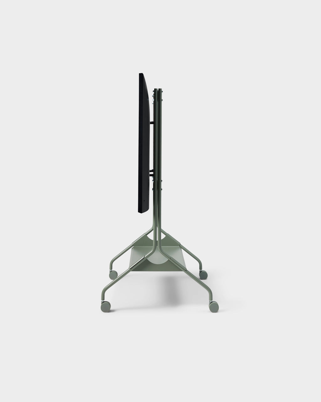 Side profile of the Moon Tall stand in Mossy Green with mounted TV and rolling caster wheels, studio packshot
