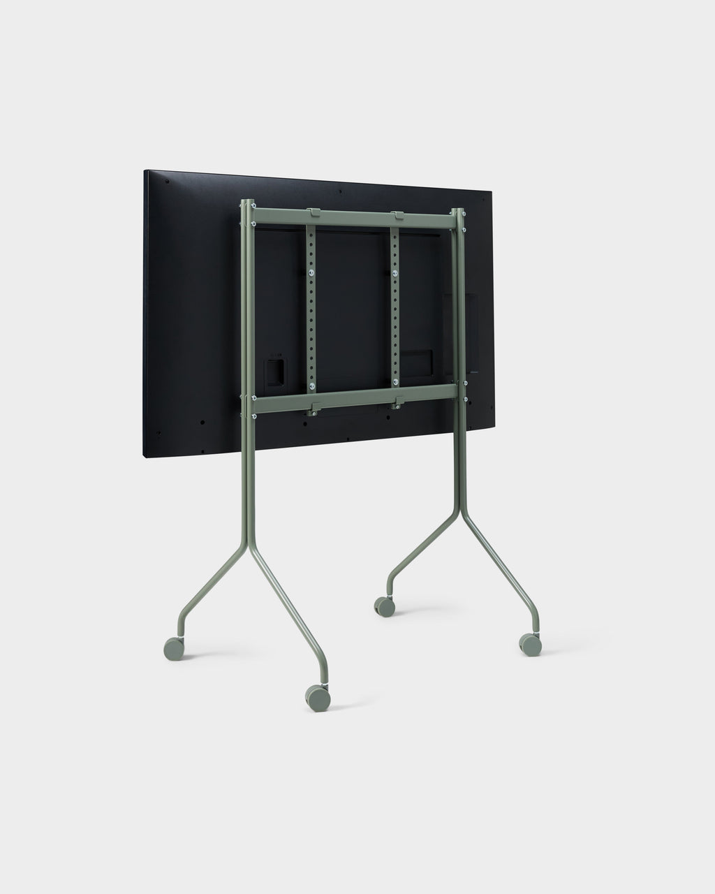 Rear three-quarter studio view of the Moon Tall stand in Mossy Green with mounted display and rolling wheels