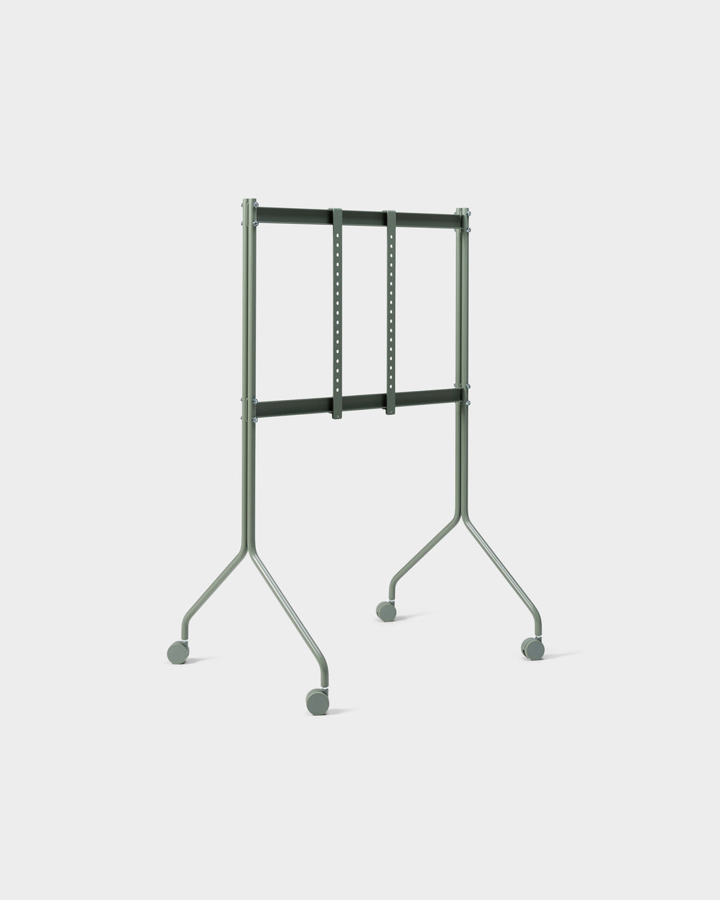 Moon Tall TV stand in Mossy Green shown at an angle in a studio, with VESA mount bars and rolling casters