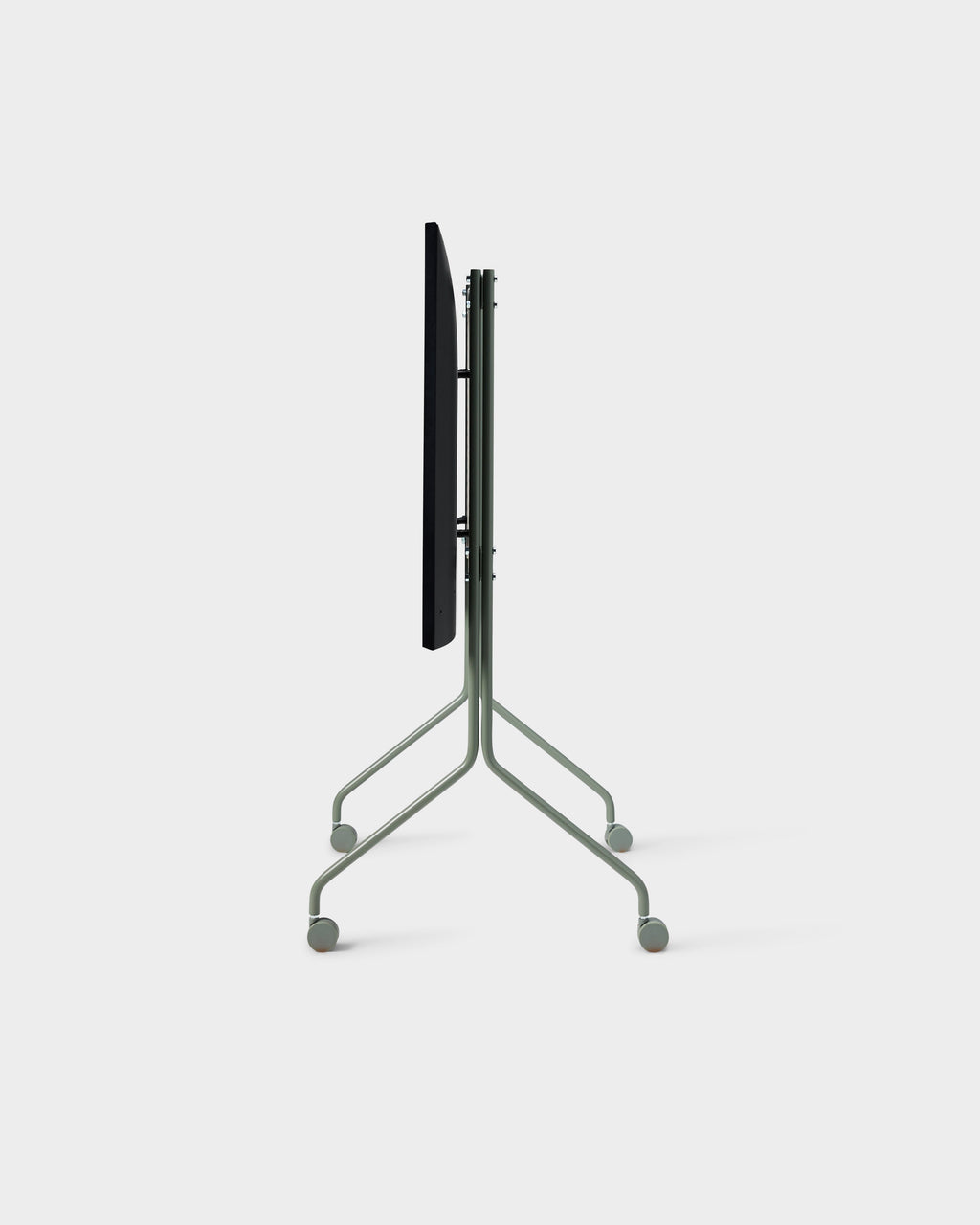 Moon Tall stand in Mossy Green folded flat, side view studio packshot showing wheeled legs and slim black panel