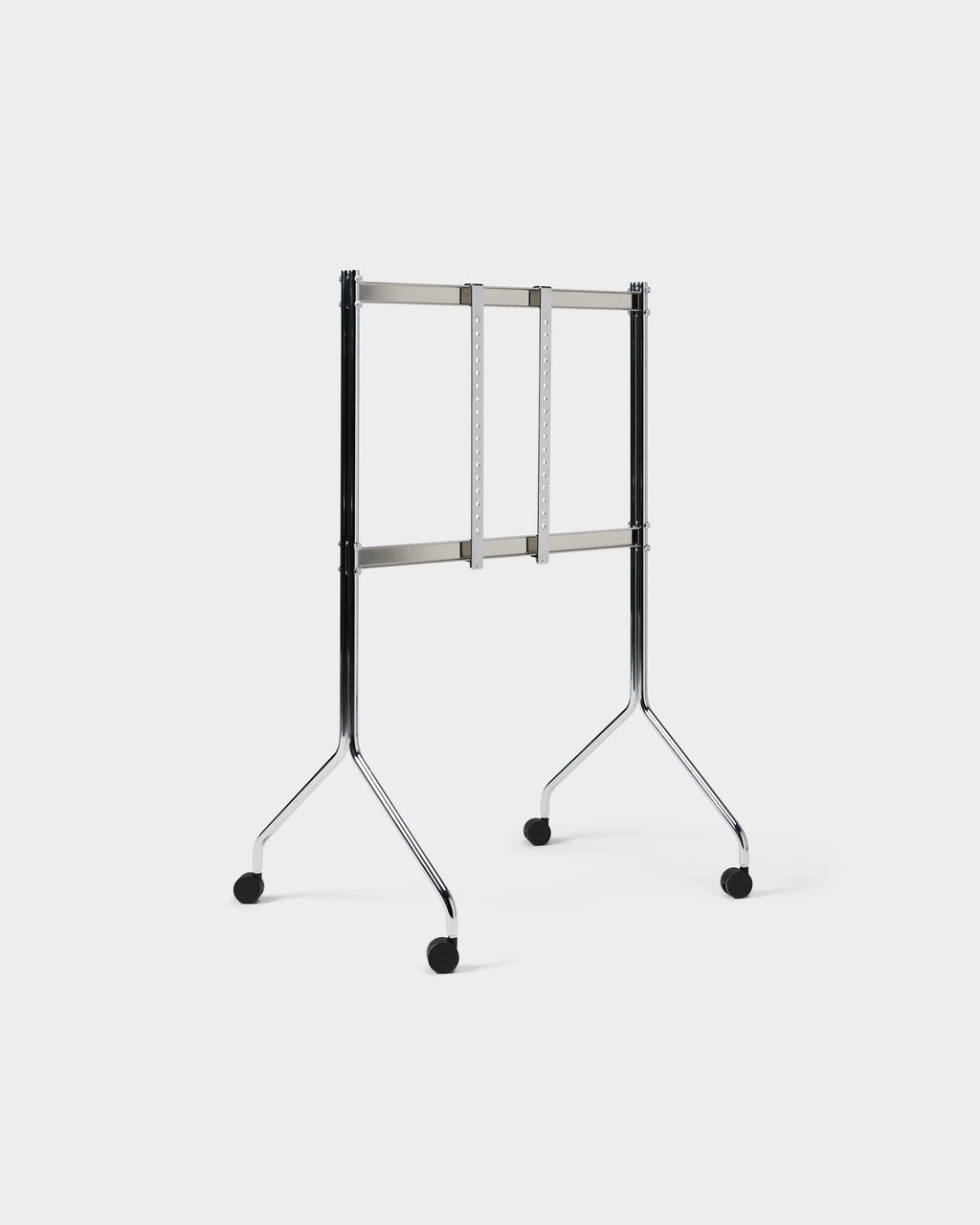 Moon Tall stand in chrome shown at an angle in a studio packshot, bare mounting brackets and black caster wheels