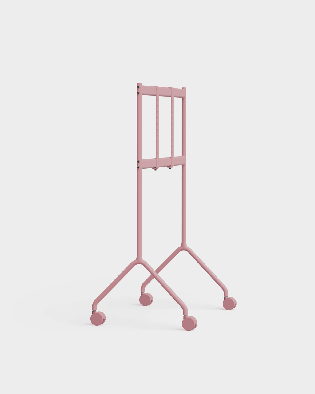 Moon Light TV stand in Bubble Gum pink holding a black screen, three-quarter studio view showing splayed legs on casters