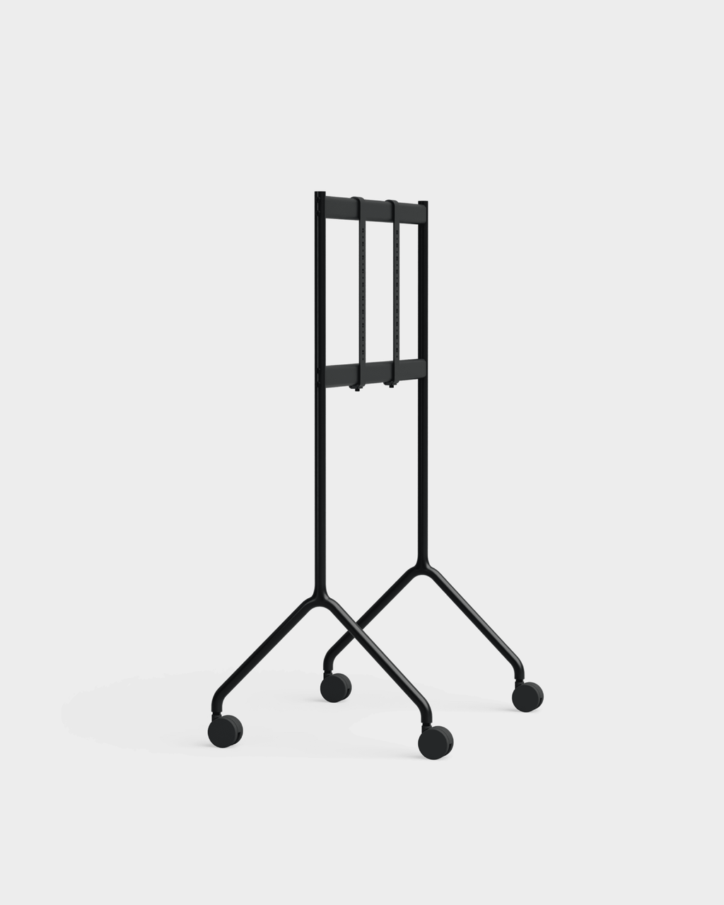Moon Light TV stand in Charcoal, angled studio packshot showing black panel display, slim legs and swivel caster wheels