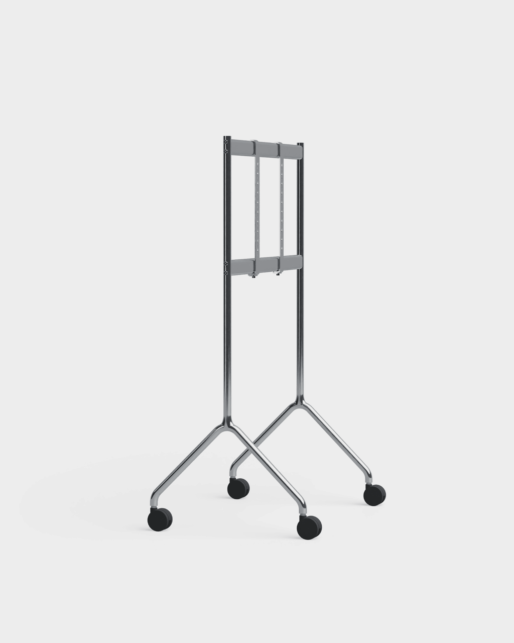 Moon Light TV stand in chrome, angled studio view with mounted flat screen on Y-shaped legs with black casters