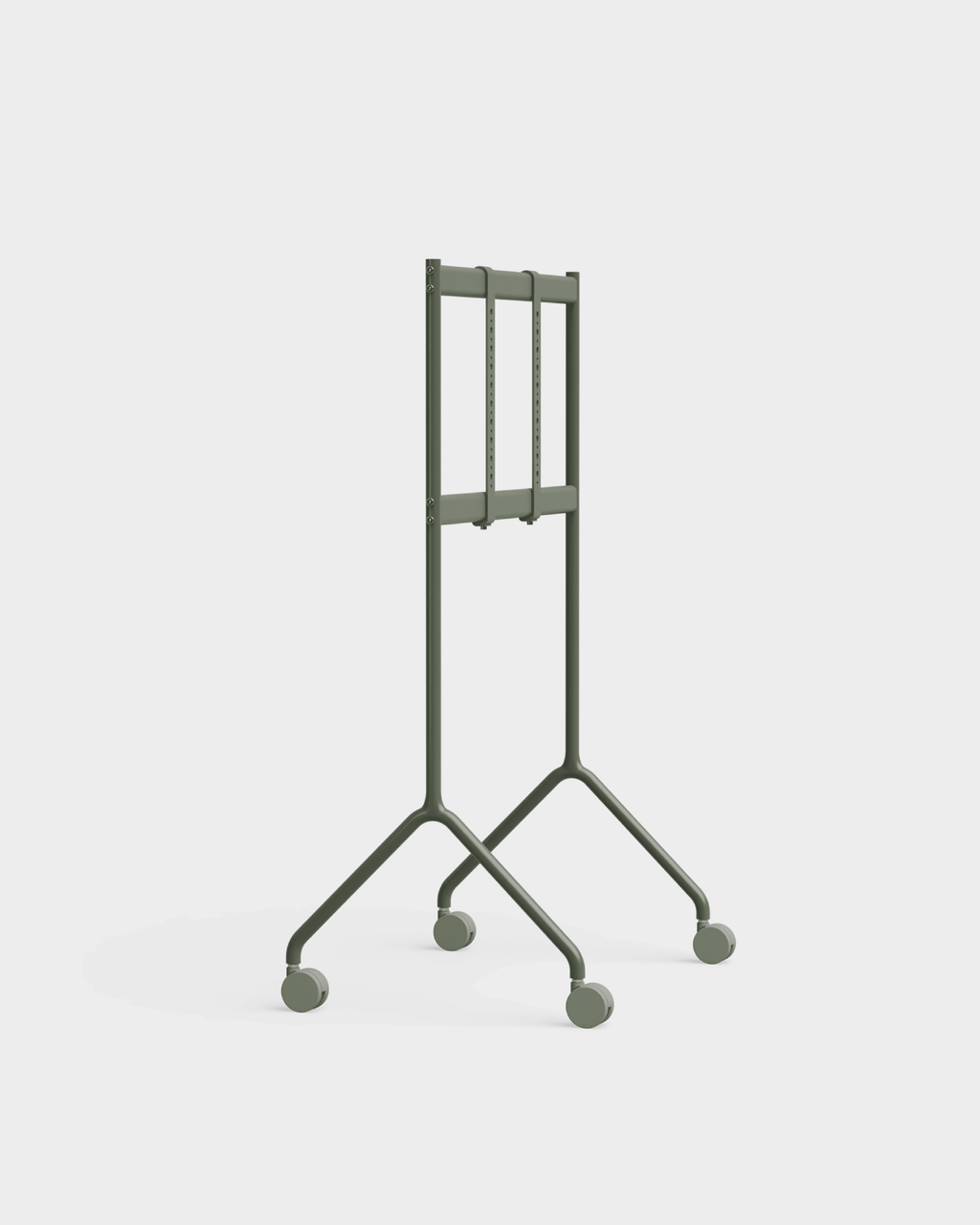 Moon Light TV stand in Mossy Green holding a black flat screen, angled studio view showing forked legs and casters