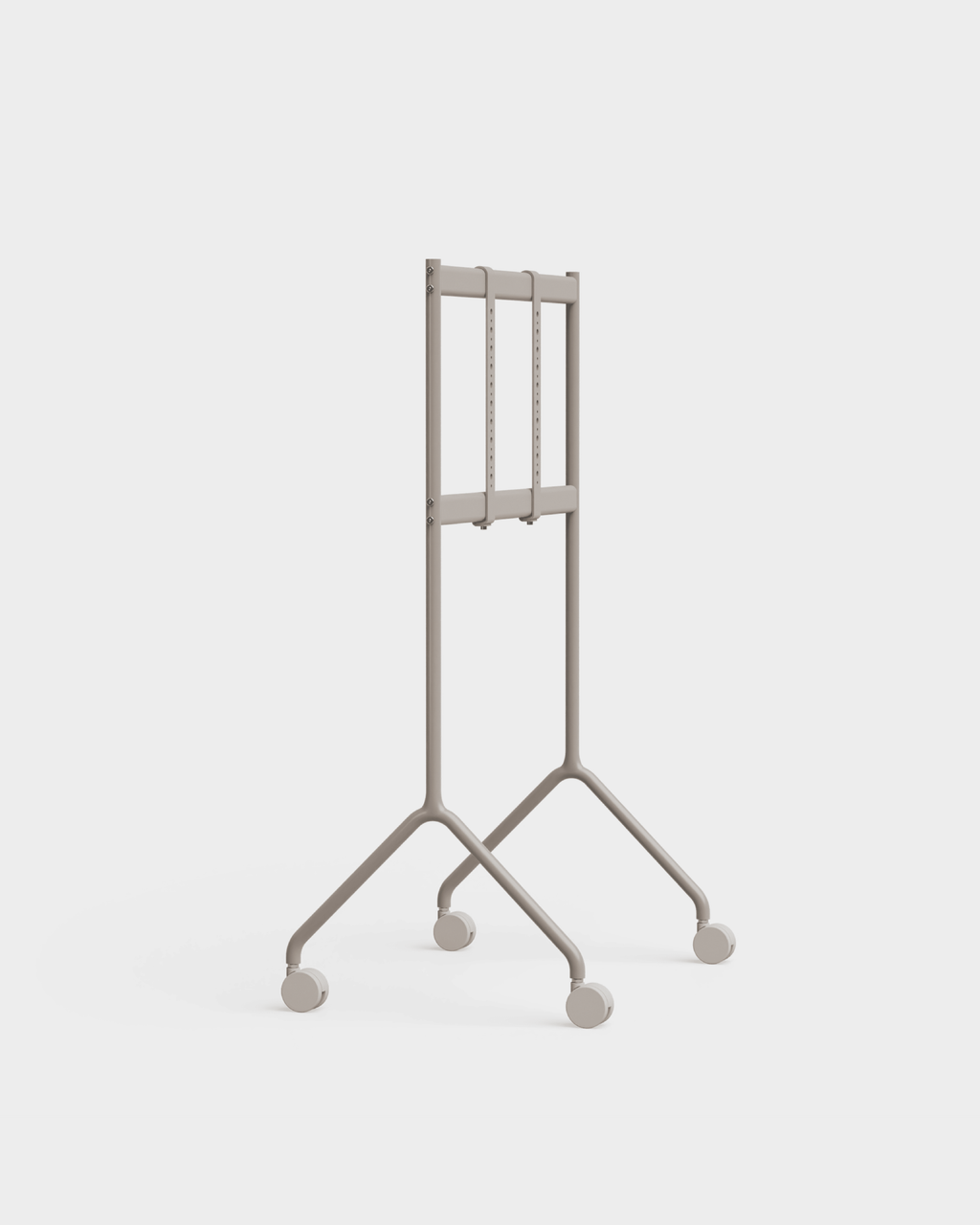 Moon Light TV stand in Oat shown at an angle in a studio, mounted flat-screen TV on slim wheeled Y-shaped legs